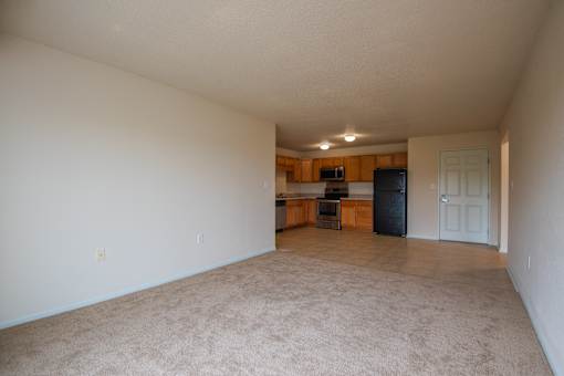 A spacious living room with a kitchen area in the background.