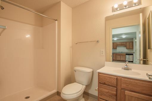 A bathroom with a toilet, sink, and mirror.