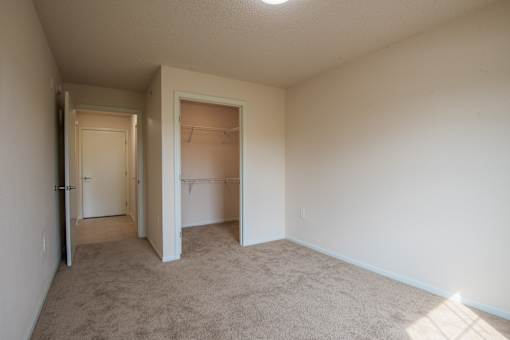 A room with carpeted floor and two open doors.