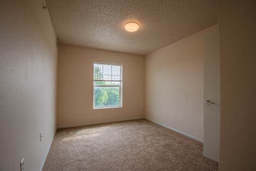 A room with a window and carpeted floor.