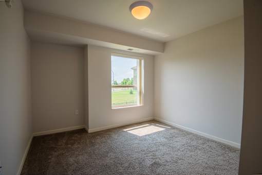 A room with a carpeted floor and a window showing a green lawn outside.