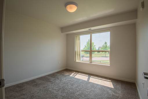 A room with a carpeted floor and a window letting in sunlight.