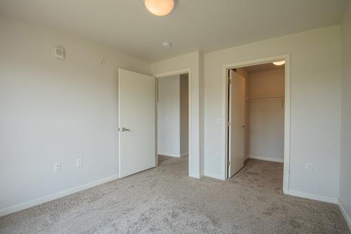 A carpeted room with two doors and a light on the ceiling.