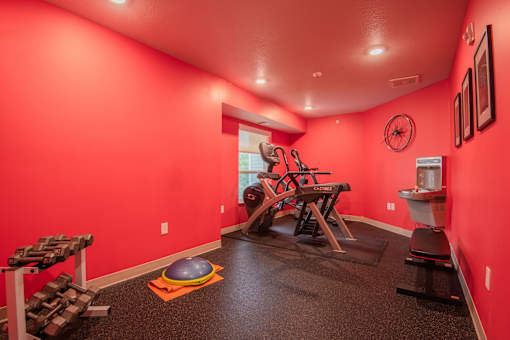 A red room with a gym set up including weights and a bench press.