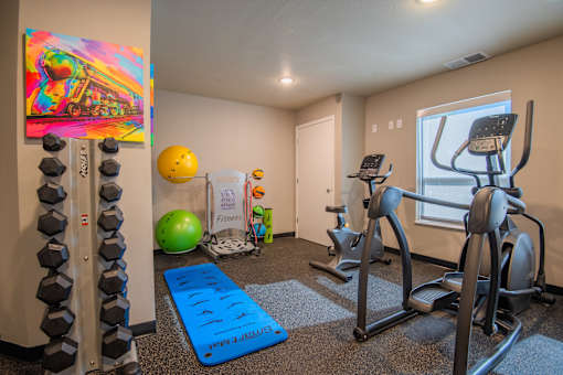 A gym with a row of dumbbells, a treadmill, a stationary bike, and a yoga mat.