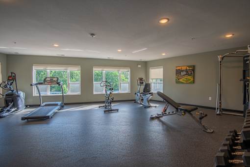A spacious gym with a variety of equipment including treadmills, exercise bikes, and weight machines.