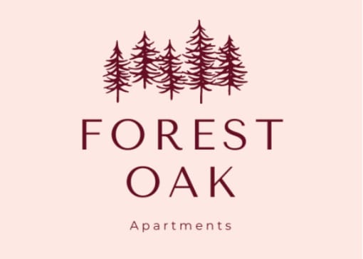 a logo for forest oak apartments with a pink background and trees