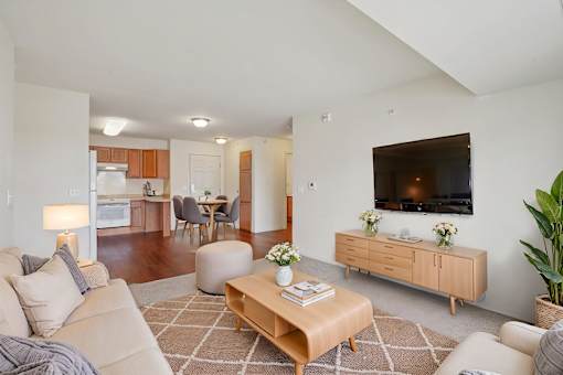 A living room with a couch, coffee table, and television.