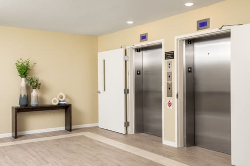 a lobby with two elevators and a table with a plant