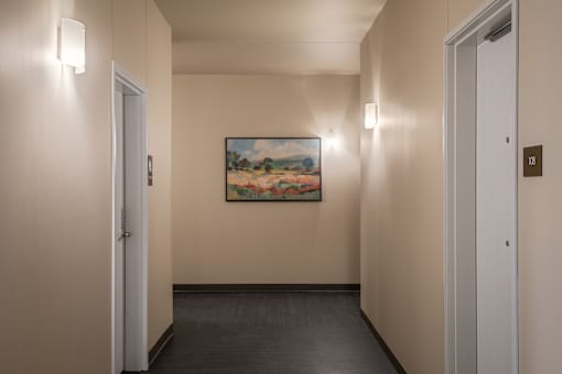 A hallway with a painting on the wall and two doors.