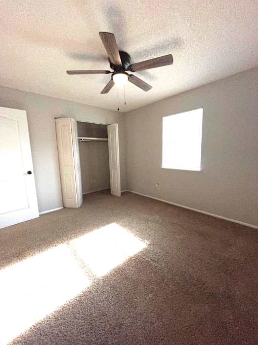 A room with a ceiling fan and a carpeted floor.