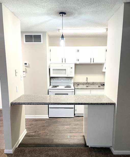 A kitchen with white cabinets and a granite counter.