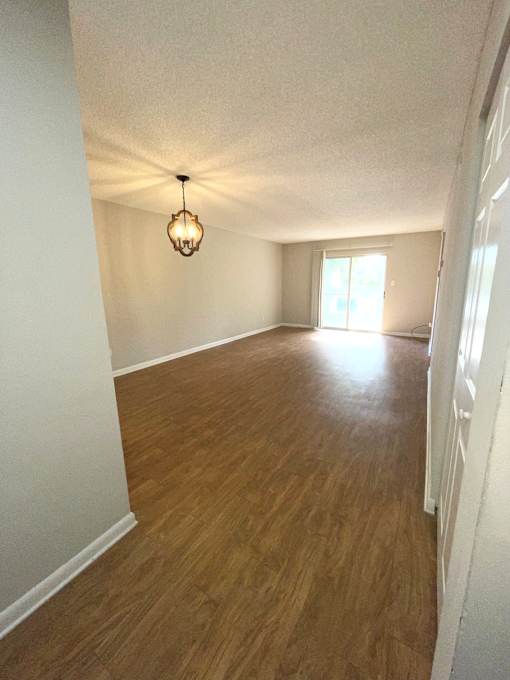 A room with wooden floors and a hanging light fixture.