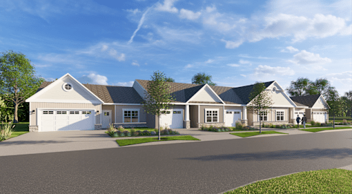 A row of houses with a clear blue sky above them.