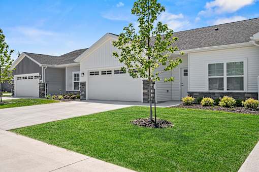 A tree stands in a grassy area in front of a house.