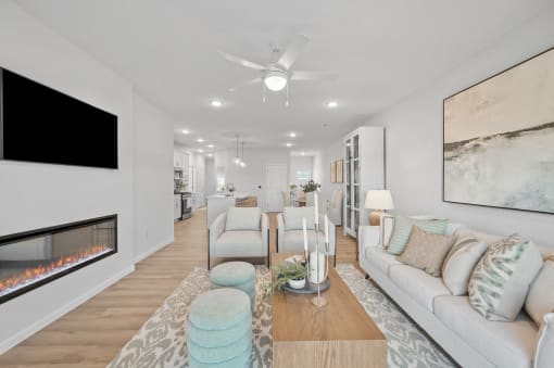 a living room with a couch and a fireplace