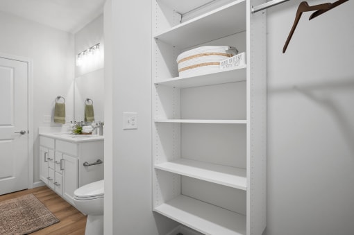 a bathroom with white shelves and a toilet and a sink