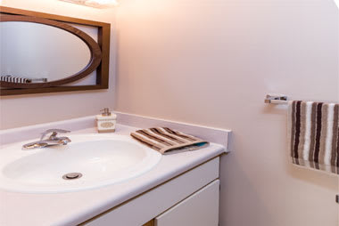 A white bathroom sink with a mirror above it.