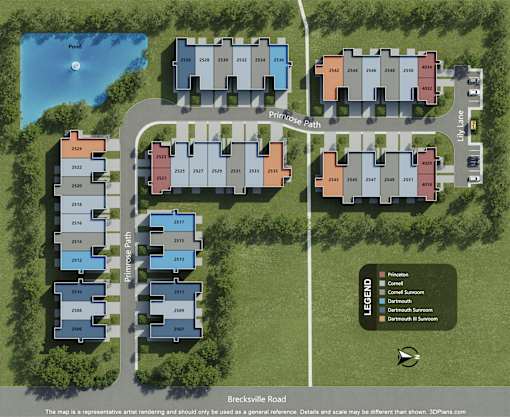 A map shows a grid of buildings with a pond and paths.