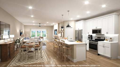 A modern kitchen with a dining table and chairs.