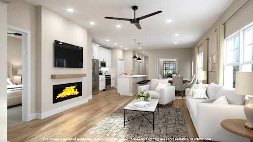 A modern living room with a fireplace and a flat screen TV mounted on the wall.