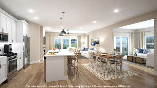 A modern kitchen with a dining table and chairs.