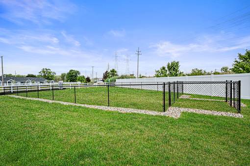A grassy field with a fence and a clear blue sky.