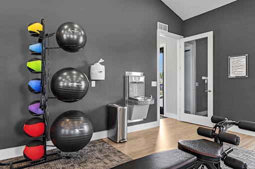 A gym room with a row of exercise balls and a bench.