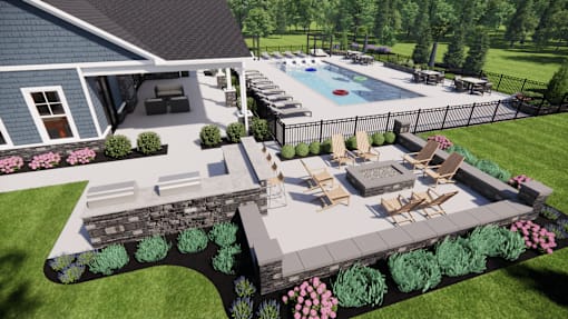 A backyard with a pool and a deck.