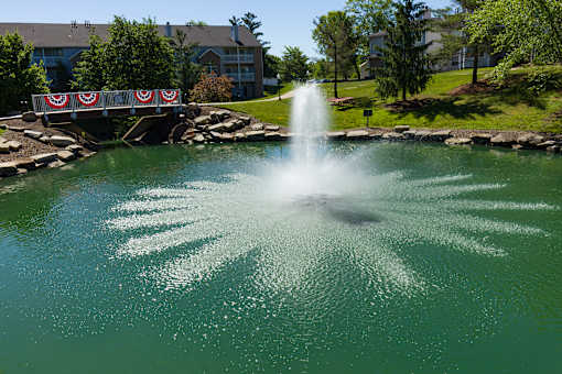A fountain in the middle of a pond with a bridge in the background.