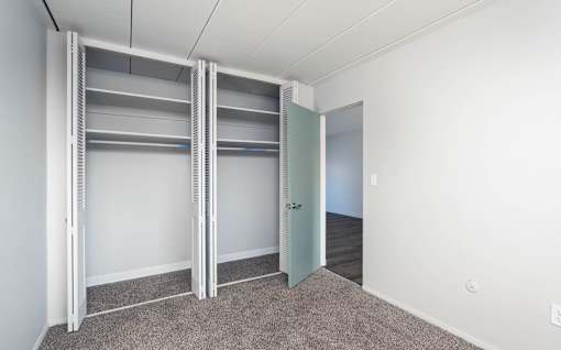 A room with a carpeted floor and a white wall with a door and a shelving unit.