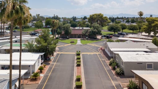Entrance view of the park roads showing the clubhouse and office as one enters the park.
