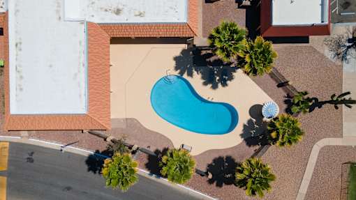 A swimming pool surrounded by trees and a building in the background.