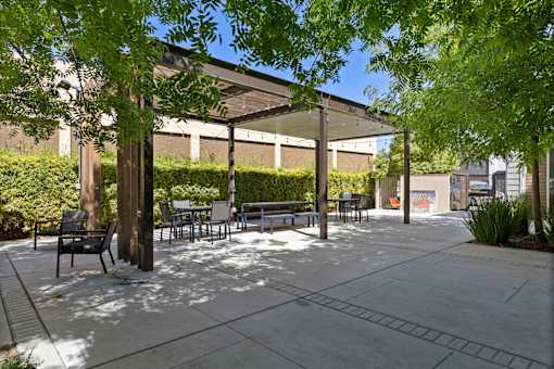 A park with benches and trees in the foreground and a building in the background.