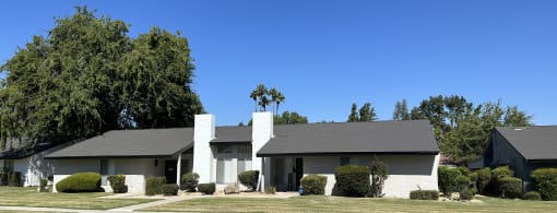 a white house with a gray roof and a tree