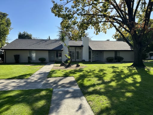 a white house with a yard and a tree
