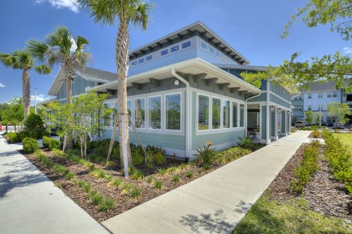 a blue house with a sidewalk and palm trees