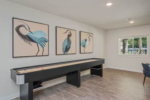 A pool table with a chair and three pictures of birds on the wall.