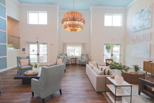A living room with a grey couch and a wooden floor.