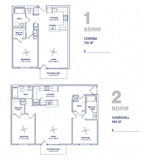 Two floor plans for a 785 square foot and a 990 square foot home.