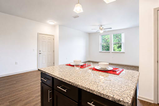 A kitchen with a granite countertop and black cabinets.