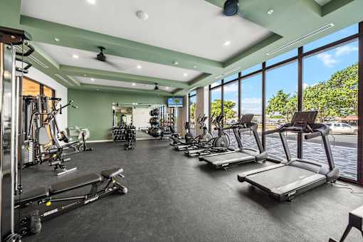 A gym with treadmills, weights, and exercise equipment.