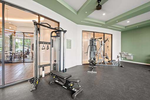 A gym with a variety of equipment including a treadmill, weights, and a bench press.