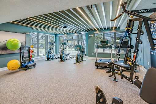 A gym with a variety of equipment including a treadmill, weights, and a bench press.