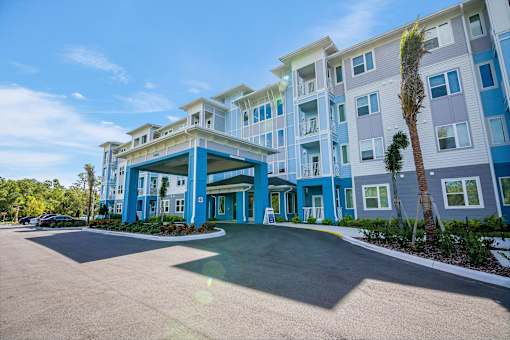 A large building with a blue and white exterior and a palm tree in front.