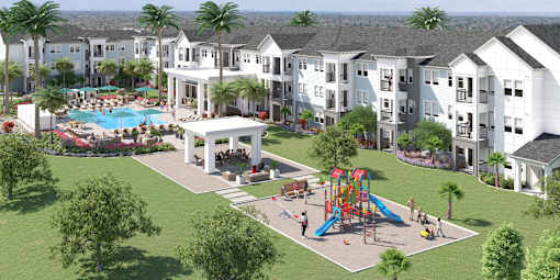 A large white building with a pool and playground in front.