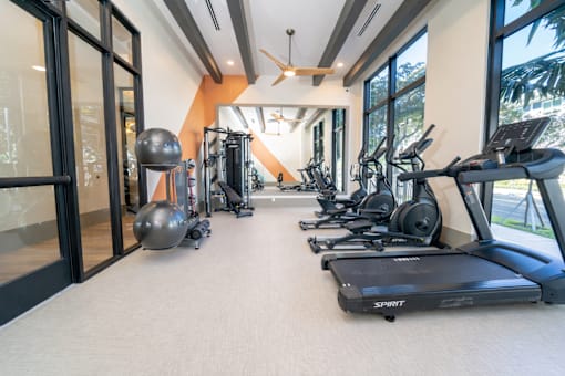 A gym with treadmills and exercise equipment.