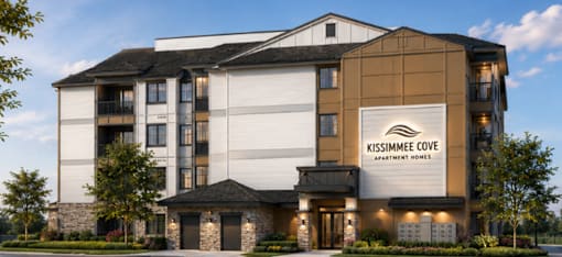 The image shows a modern apartment building named Kissimmee Cove Apartments.