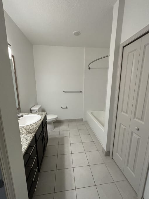 a bathroom with a sink and a toilet and a bath tub