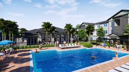 A large swimming pool with people around it and a building in the background.